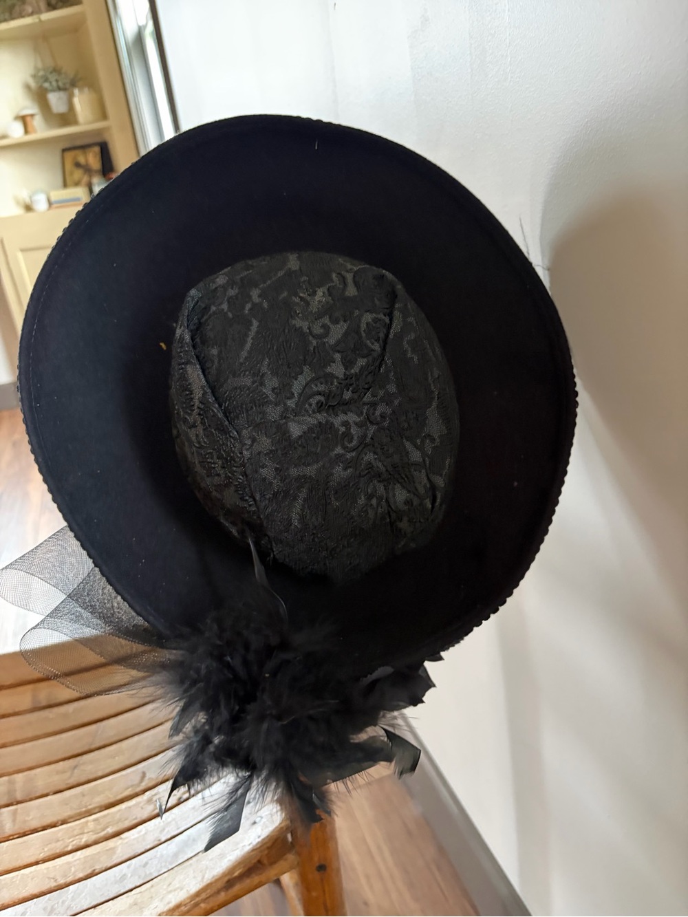 Classic Black Feathered Wide-Brim Women's Hat 100% wool made in USA